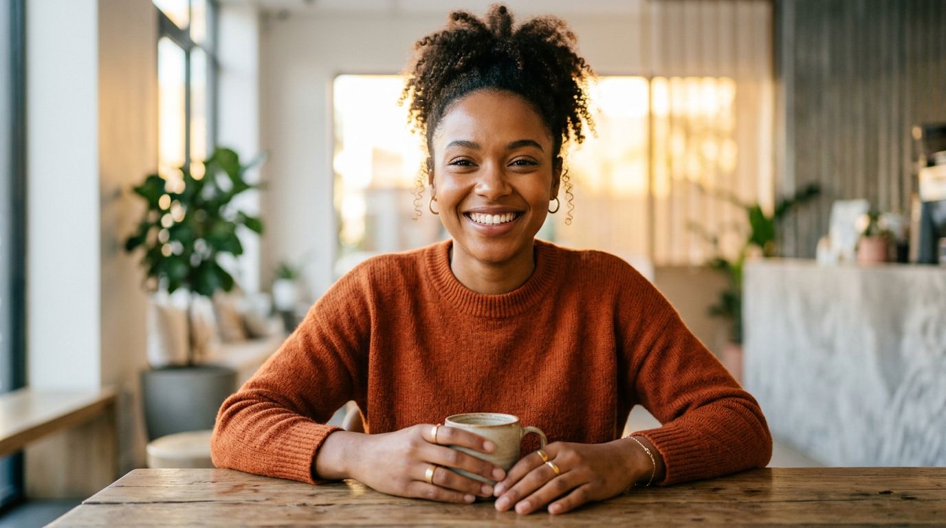 An AI-generated premium portrait of a smiling woman in smart casual attire