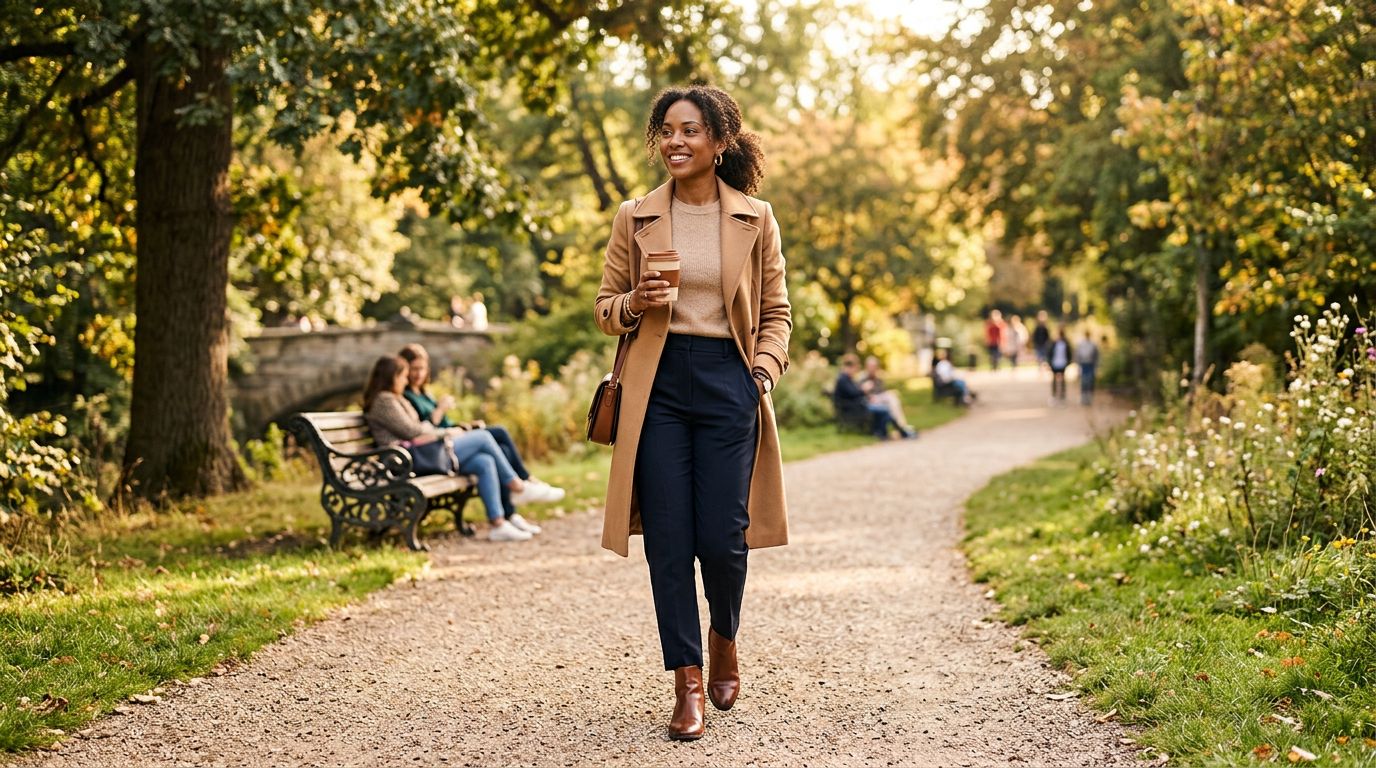 A candid full-body photo of a woman laughing in an outdoor setting