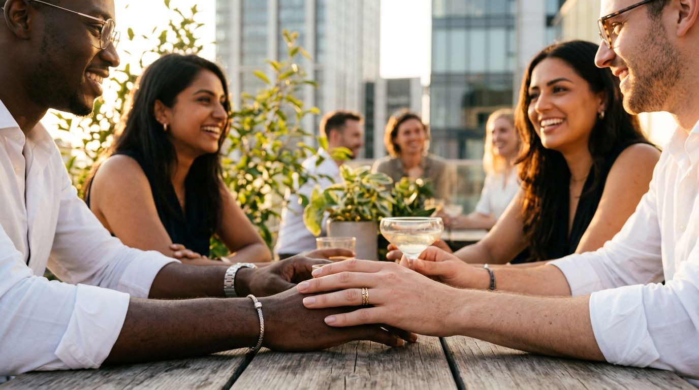 An attractive dating profile UI showing high-quality photos