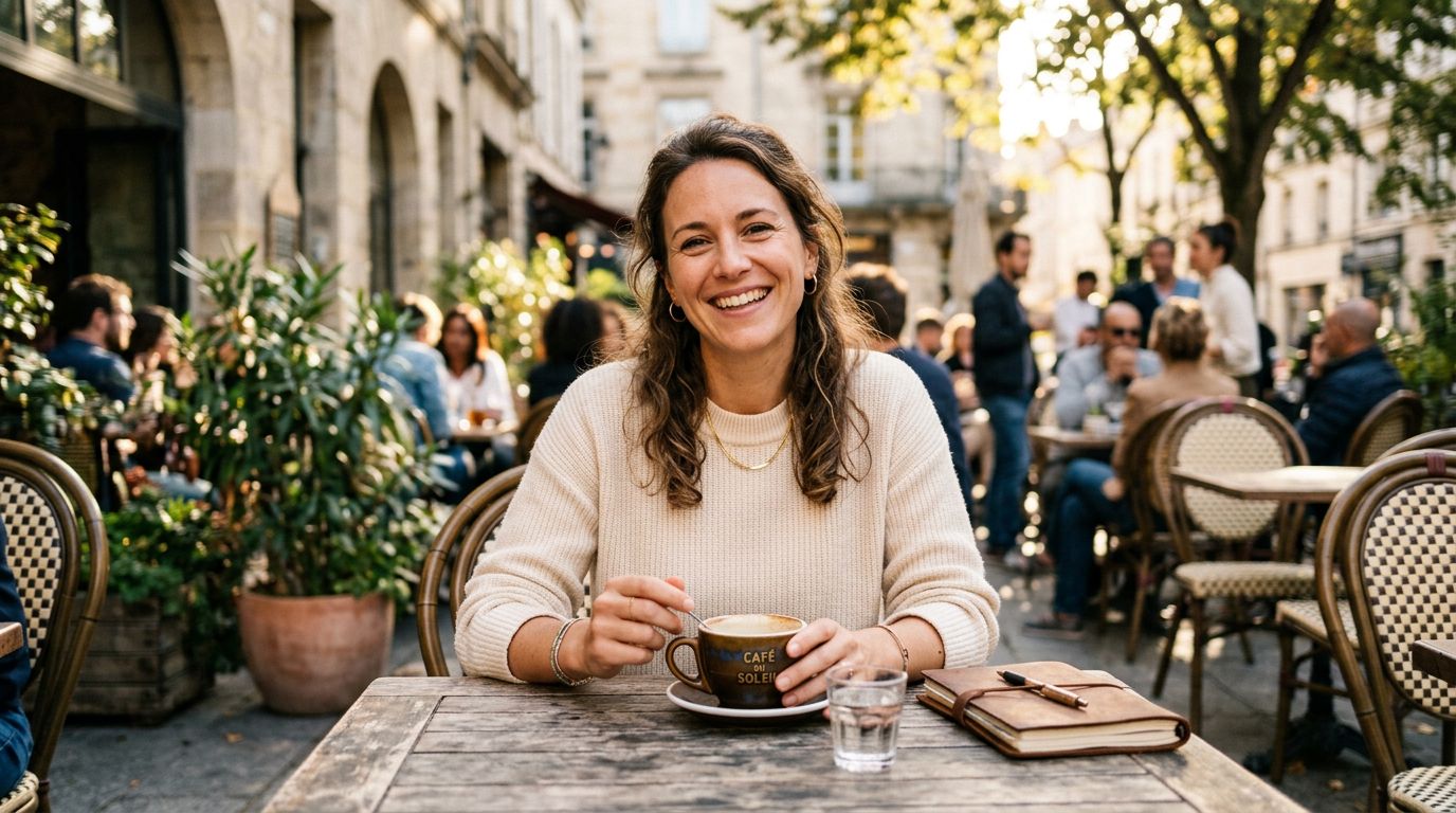 A woman with a genuine Duchenne smile outdoors