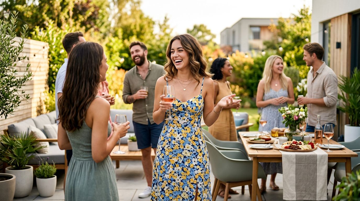 A group of friends laughing together at an outdoor restaurant