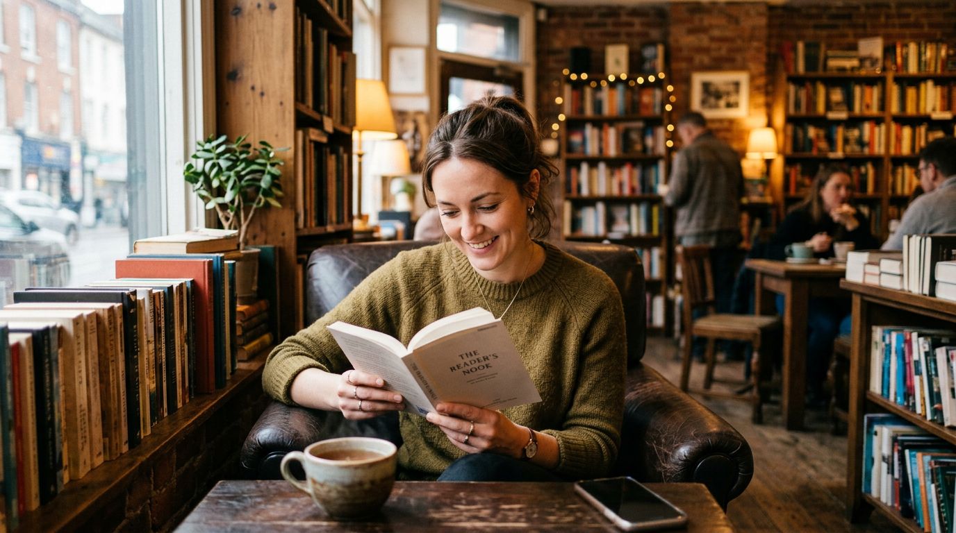 A sophisticated woman smiling in a bright, modern library room