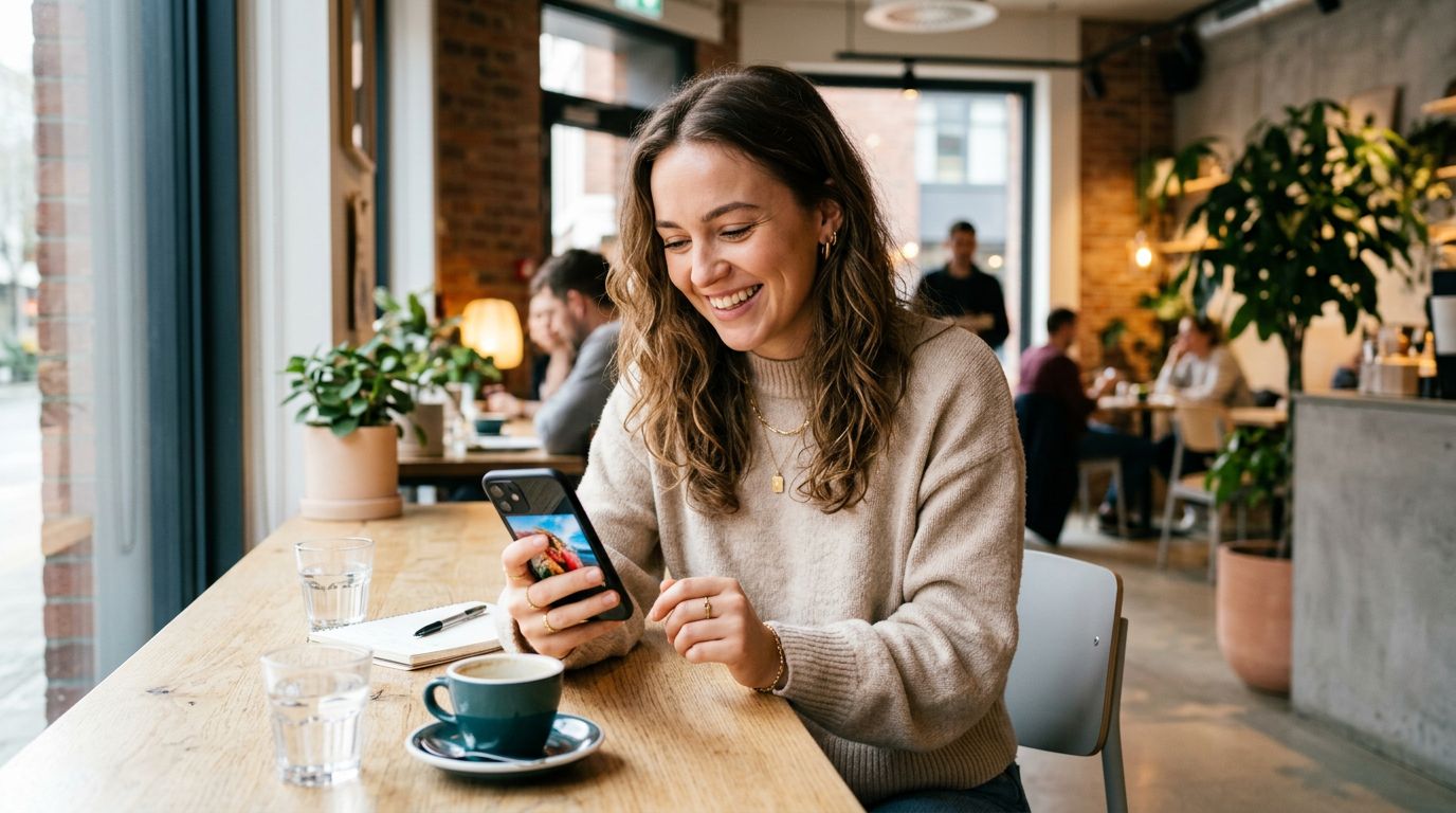 A person smiling while typing on their phone, crafting a Tinder bio