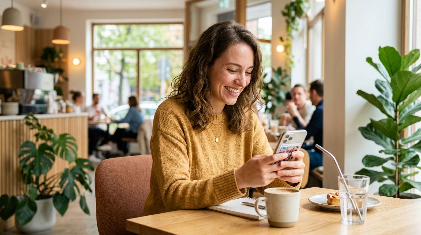 A couple laughing naturally on a first date at a cozy cafe