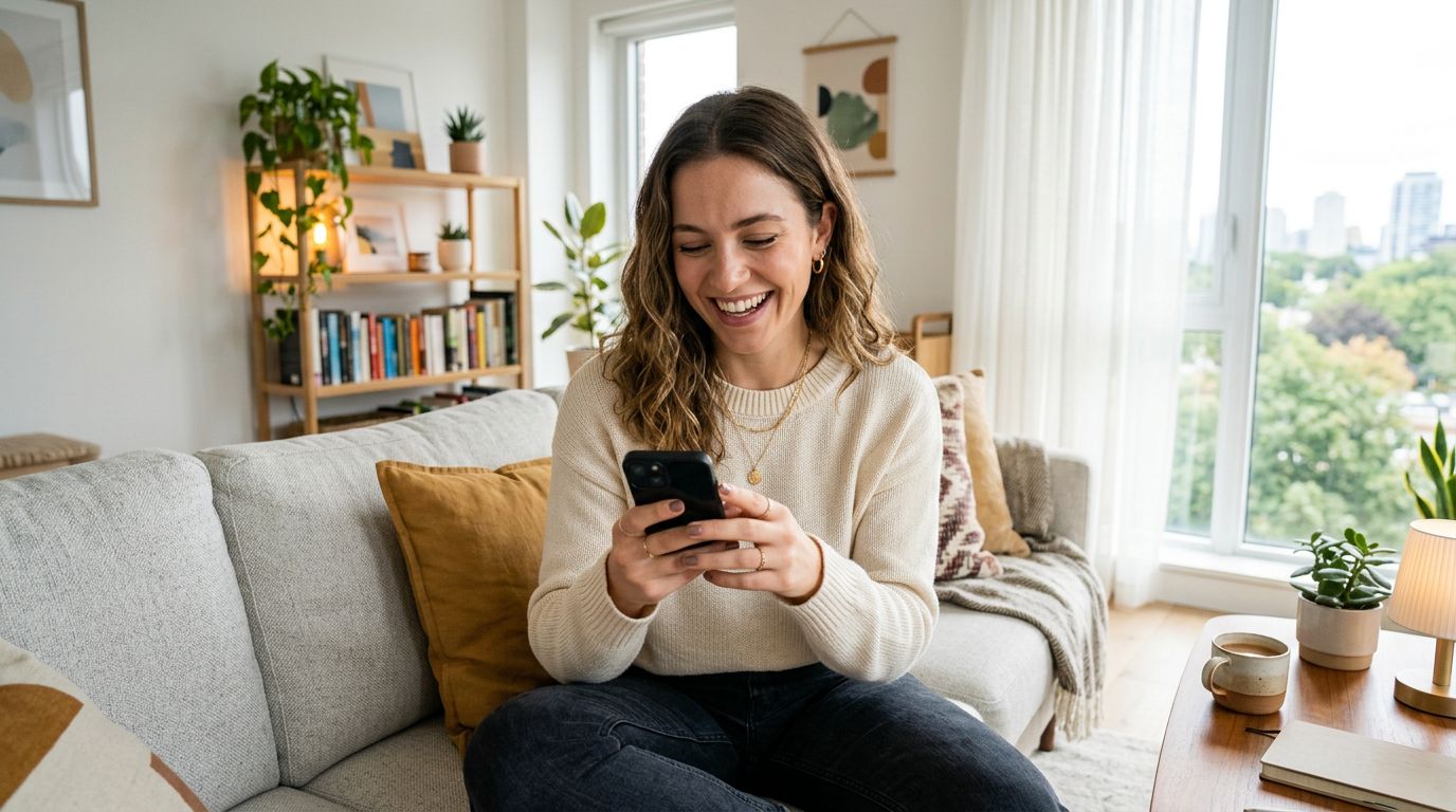 A person looking suspiciously at their smartphone screen while analyzing a dating profile