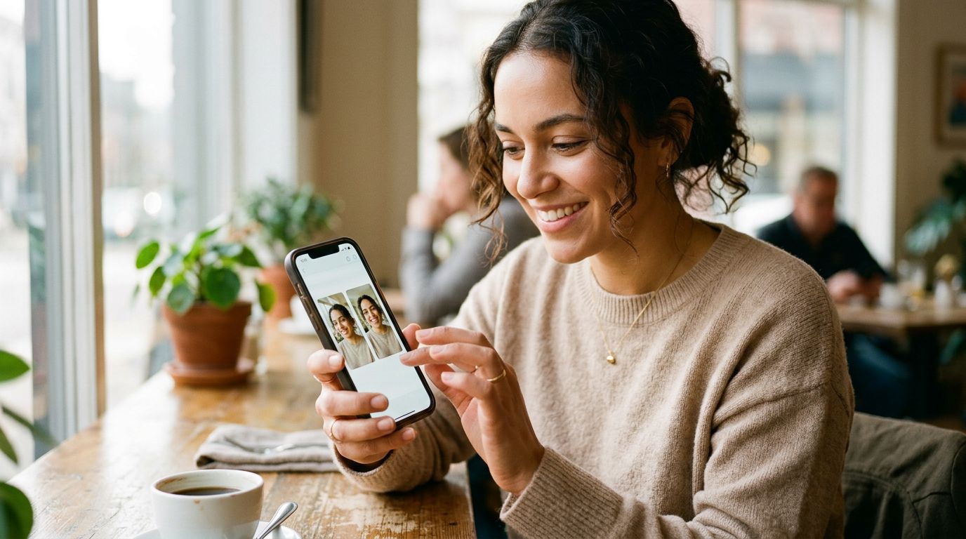 A woman smiling warmly in a bright, modern cafe setting, looking natural and approachable