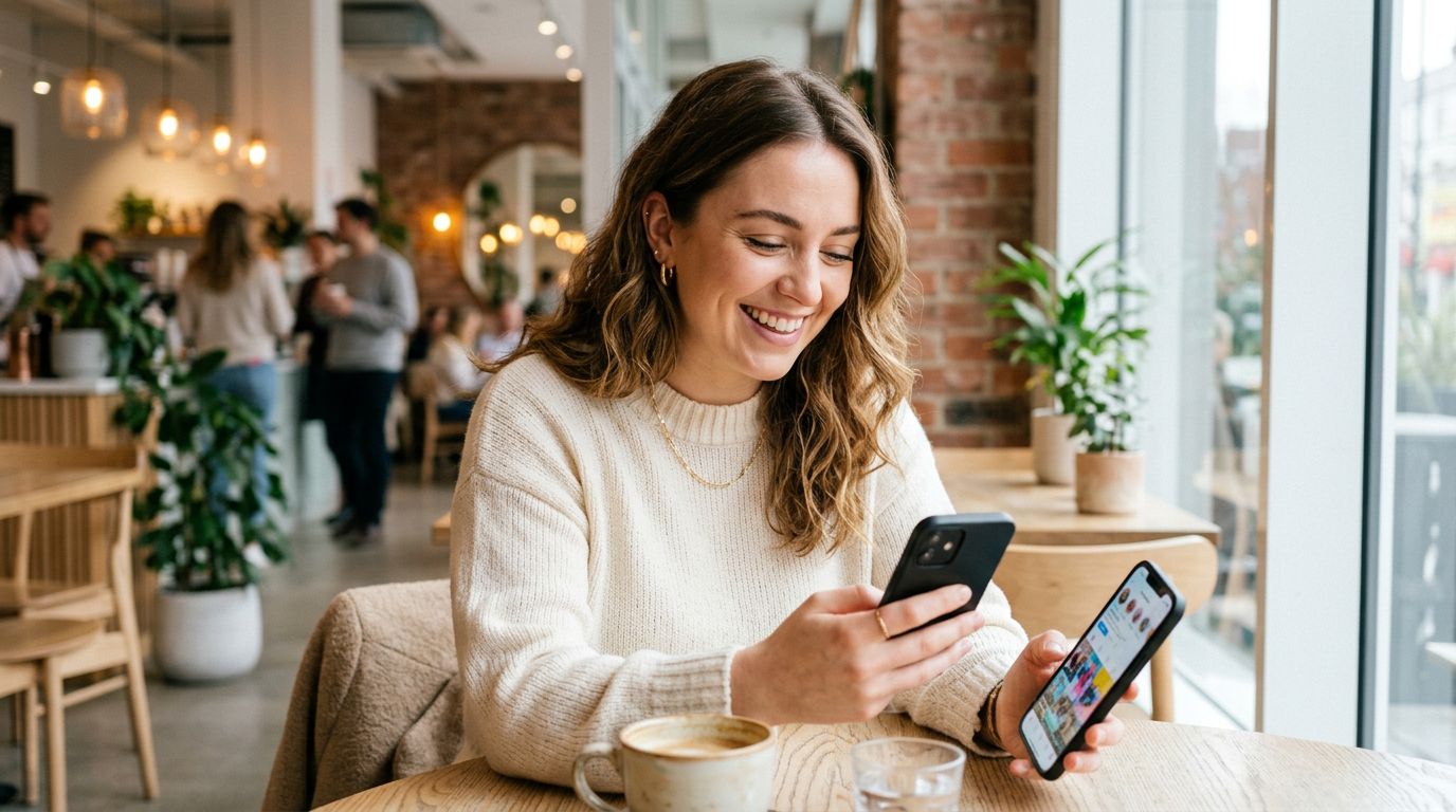 A person smiling while drafting notes on their smartphone at a café
