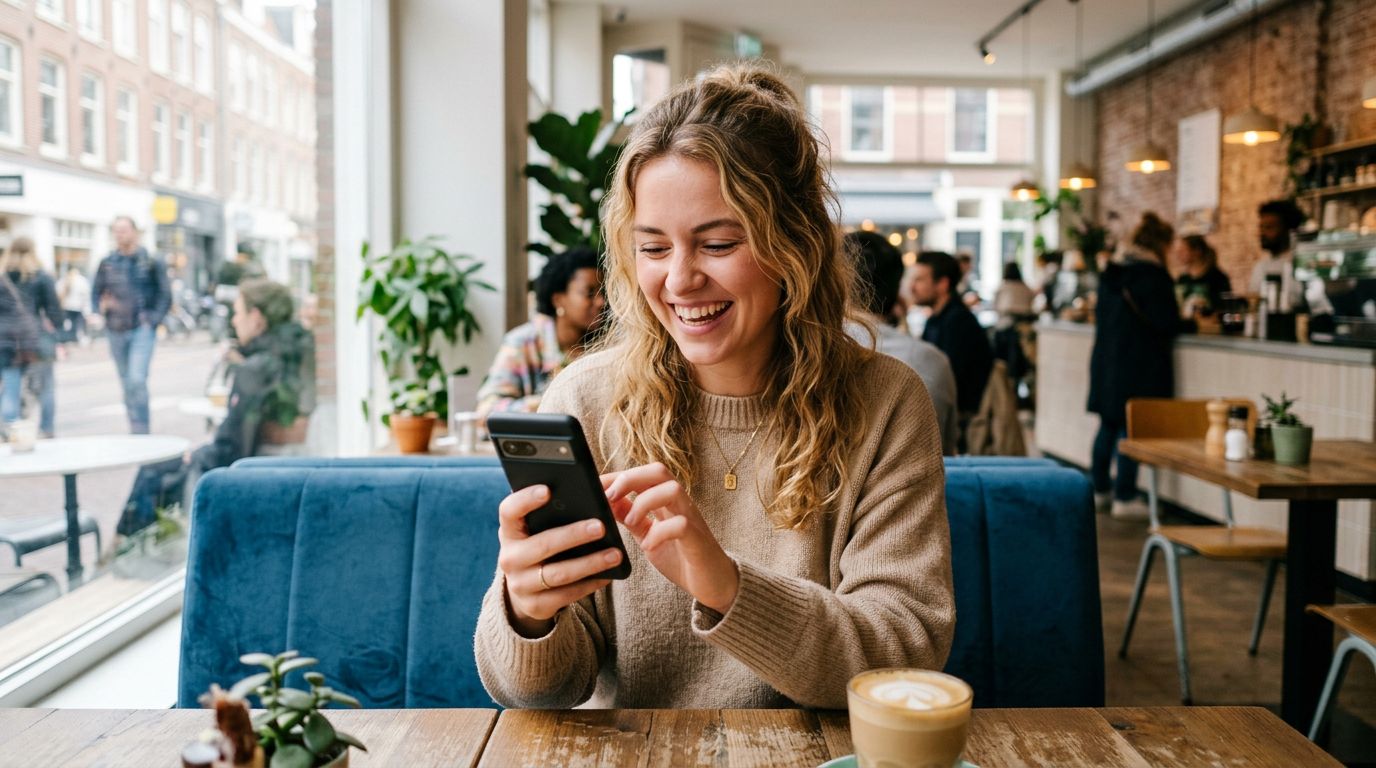 A person smiling while browsing a dating app on a smartphone in a bright cafe setting
