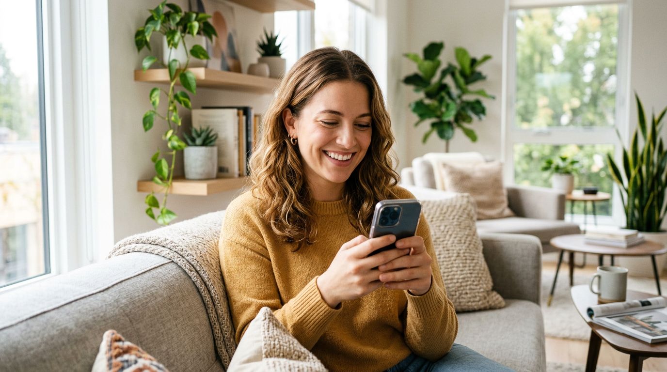 Man looking frustrated while reviewing his dating app profile on a smartphone
