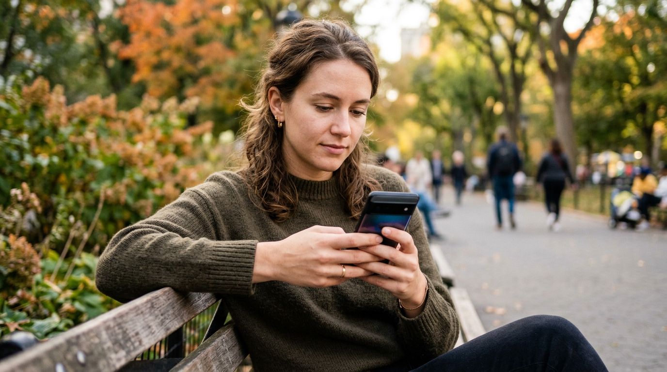 A confident person enjoying coffee outdoors with warm lighting