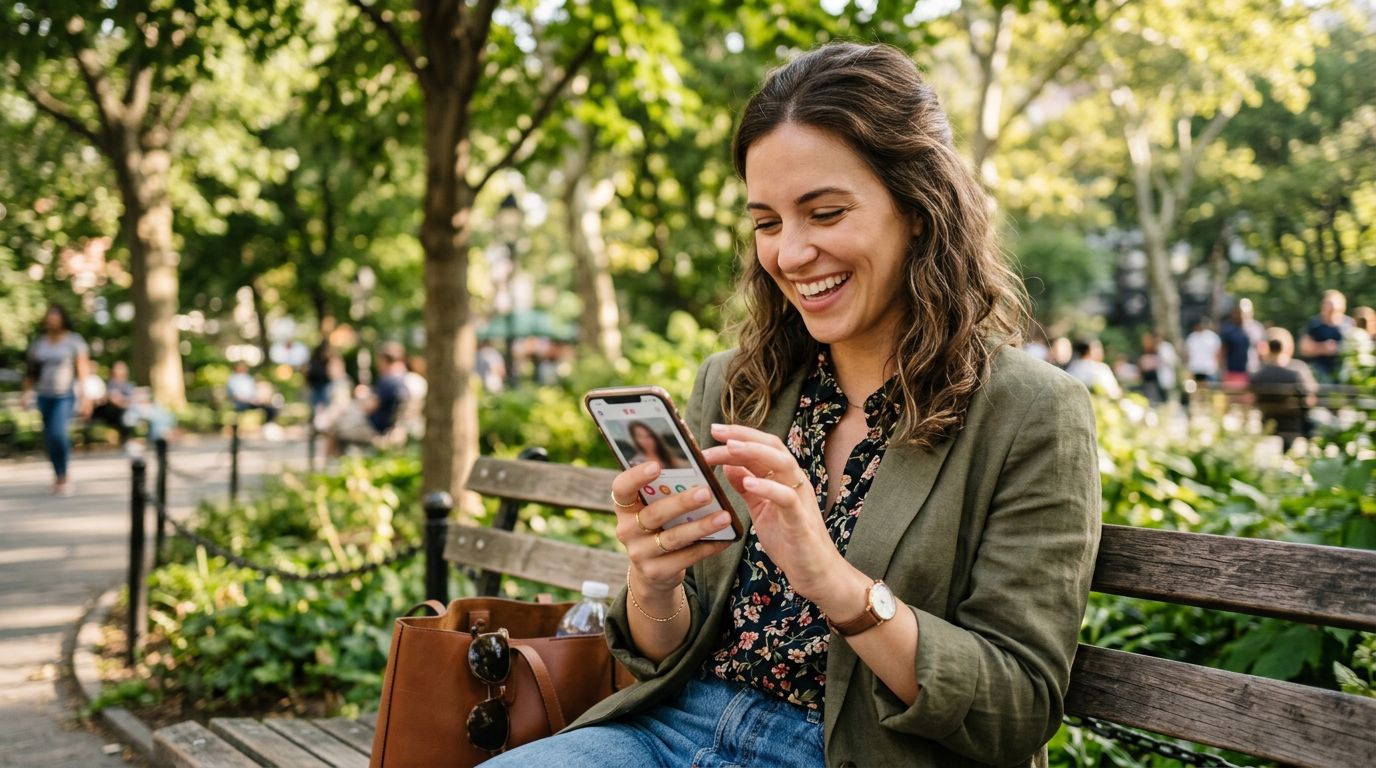 Woman enjoying outdoor coffee date setting for dating profile picture