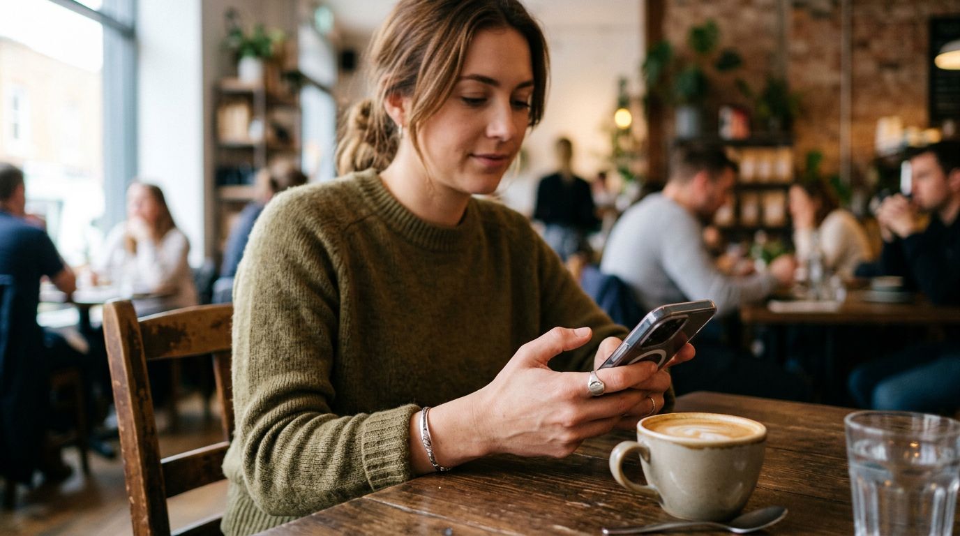 Woman checking verified dating profile badges on mobile phone
