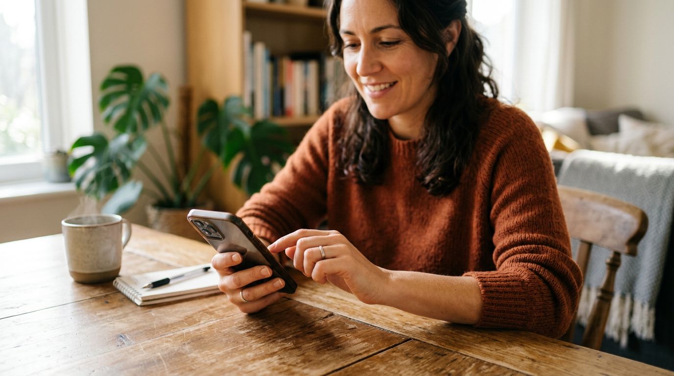 A mobile screen showing balanced Bumble profile prompts and vibrant lifestyle photography