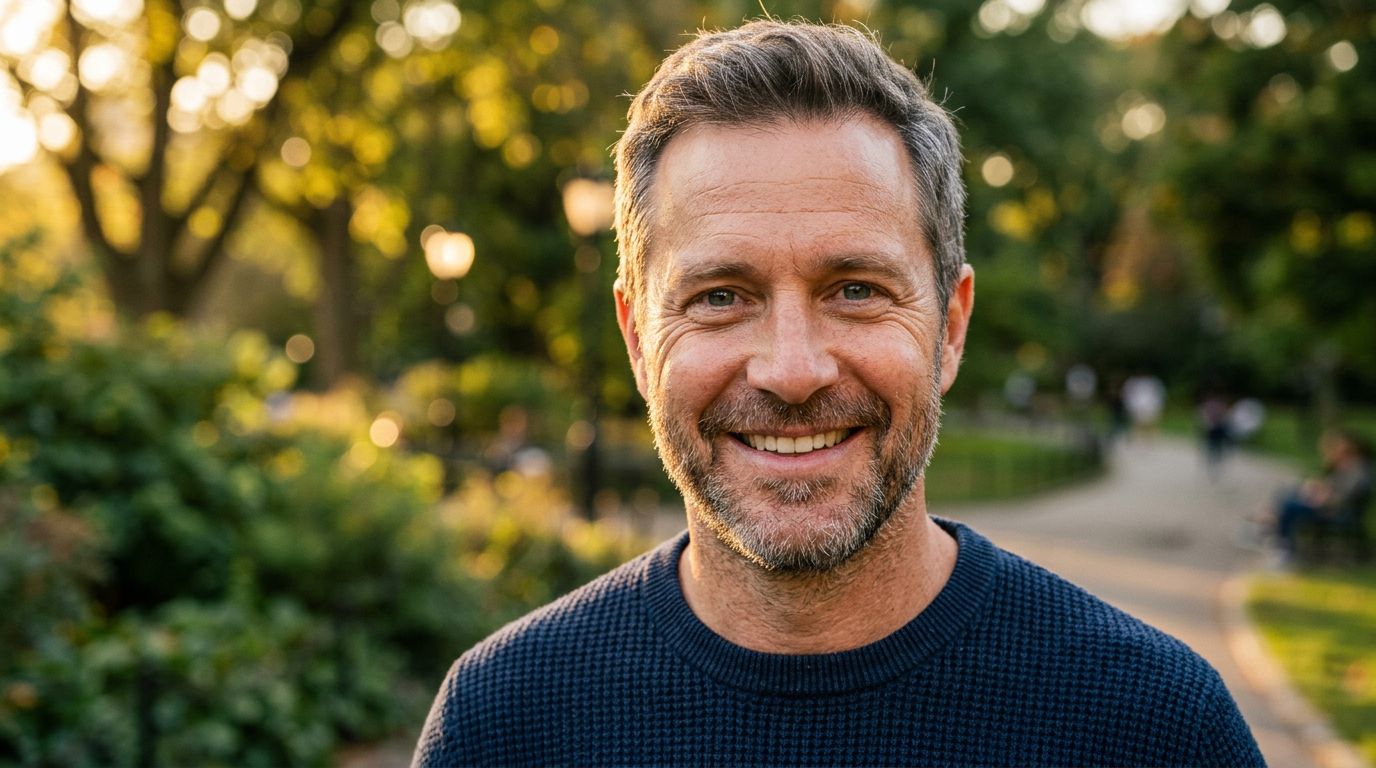 A confident man smiling directly into the camera during golden hour