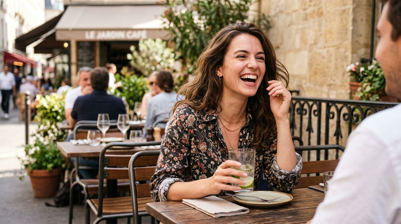 A stylish woman laughing at an outdoor cafe with soft background blur