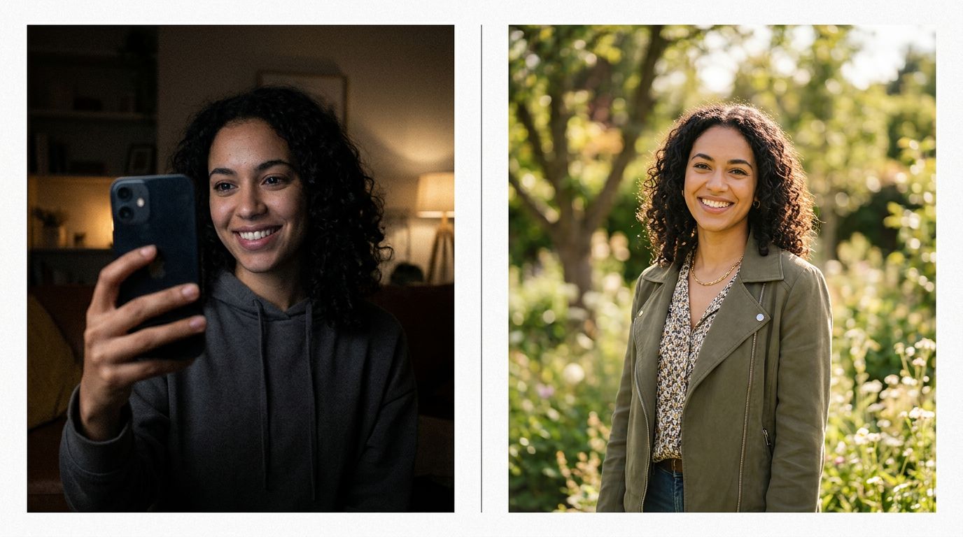 A split screen showing a bad selfie compared to a high-quality AI-generated portrait